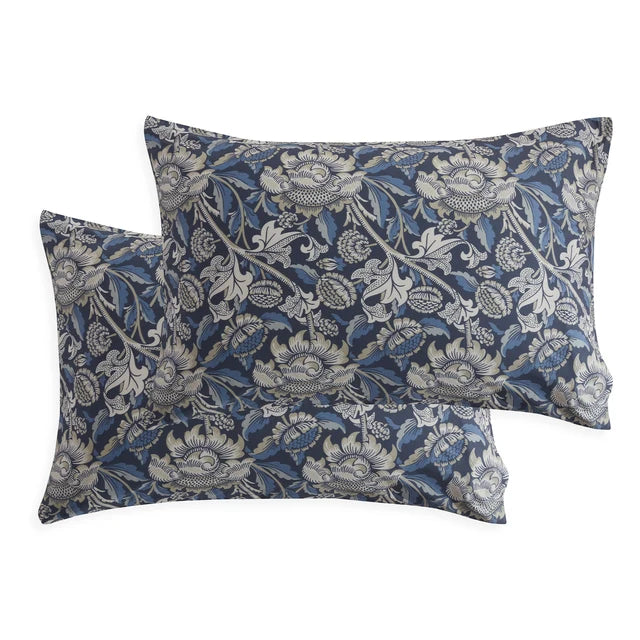 Cotton jersey pillowcase set with navy floral pattern, two matching rectangular pillows