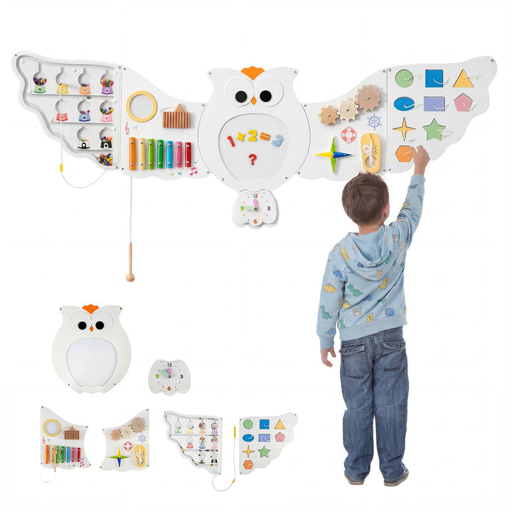Owl-themed activity wall board set with number board, clock dial, gears, and shape pieces