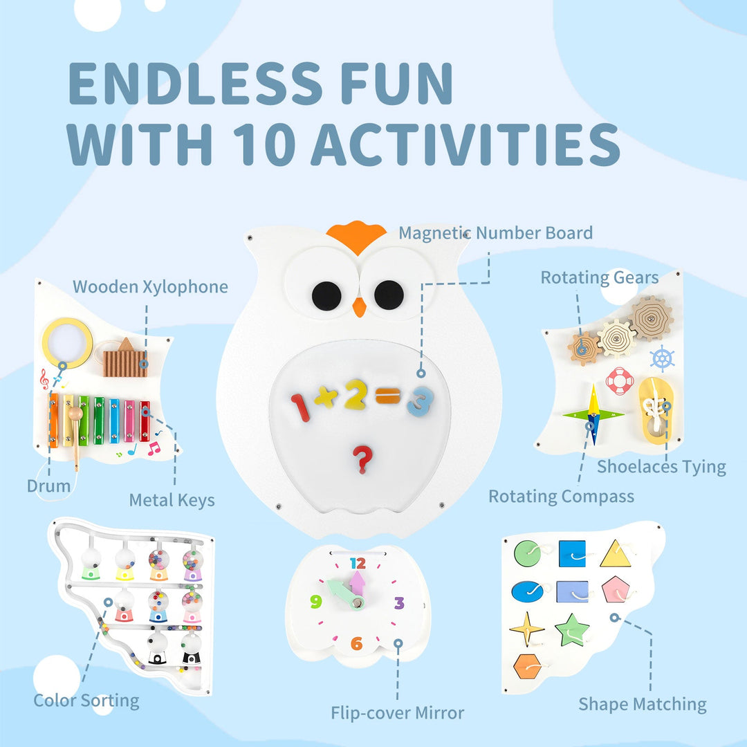 Owl busy board activity set infographic with music, sorting, gears, mirror, and shape matching