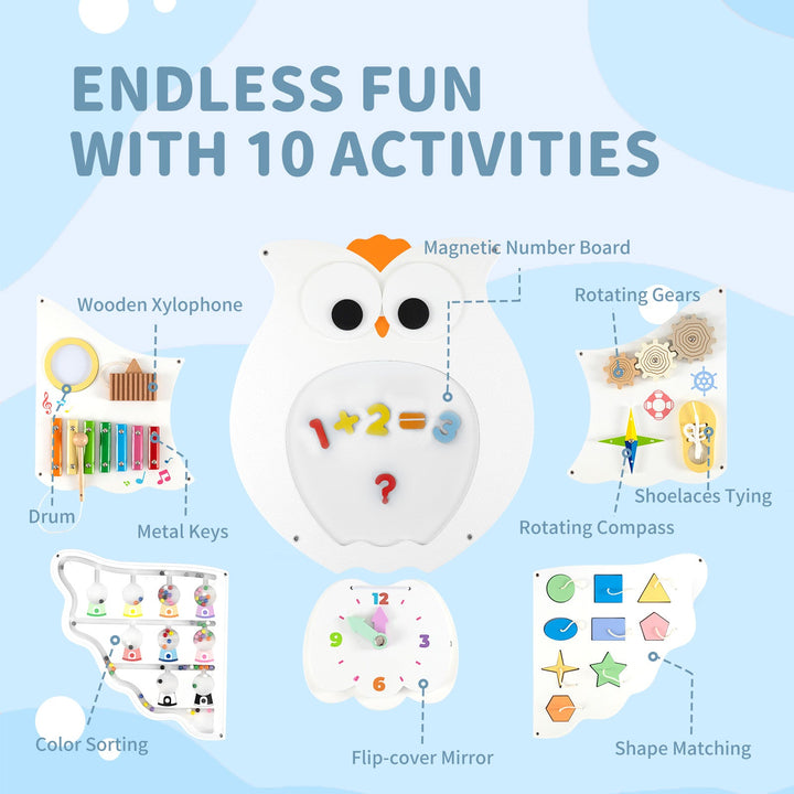 Owl busy board activity set infographic with music, sorting, gears, mirror, and shape matching