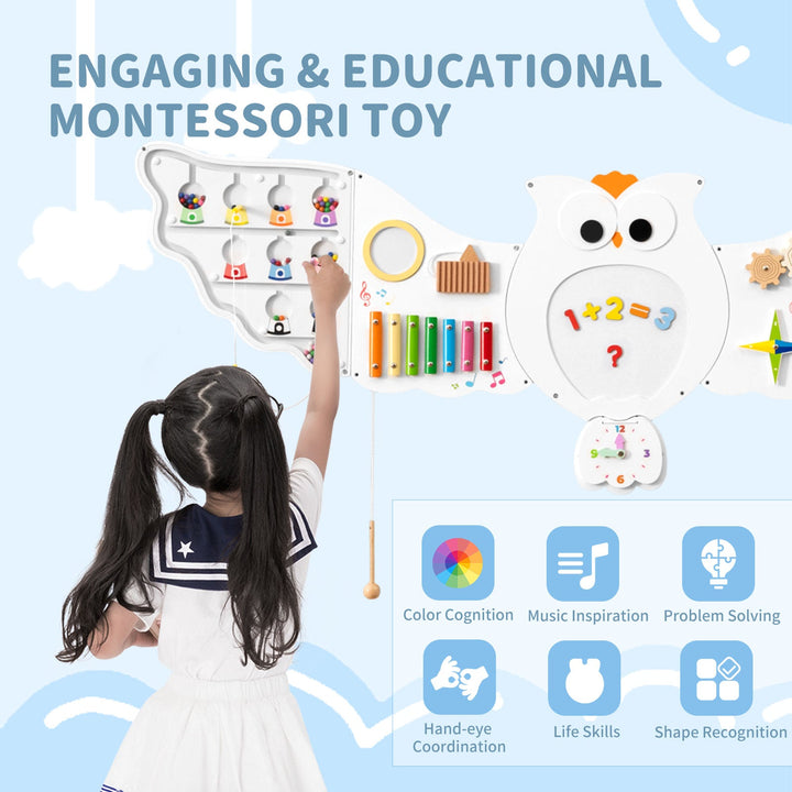 Owl Montessori activity wall board with xylophone keys and feature icons for learning