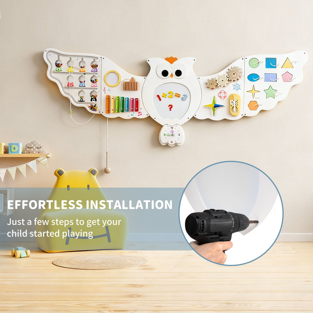 Owl busy board activity wall panel with magnetic number center and included installation tools