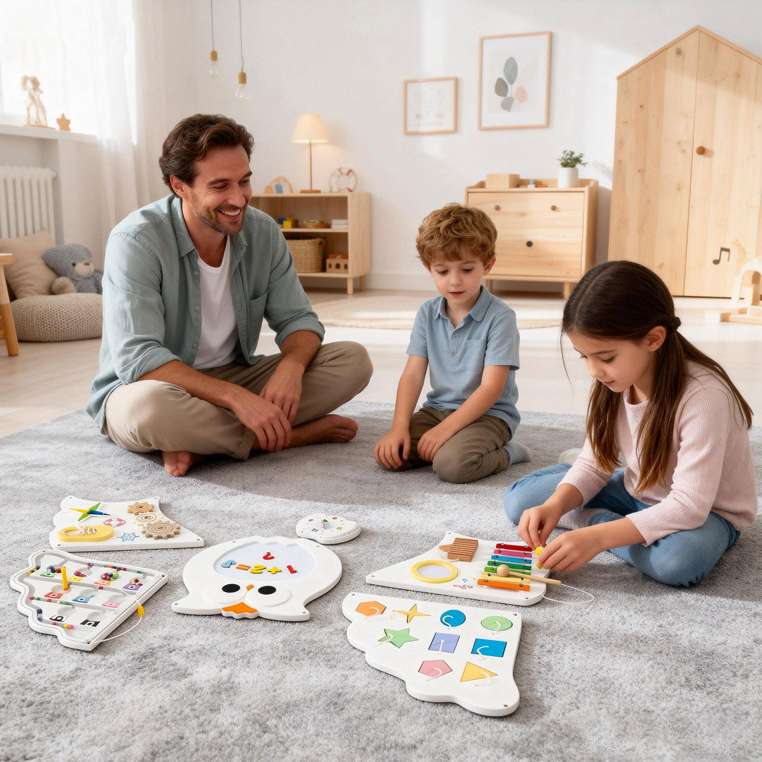 Toddler Montessori busy board panels with owl center and colorful counting, gears, and shapes