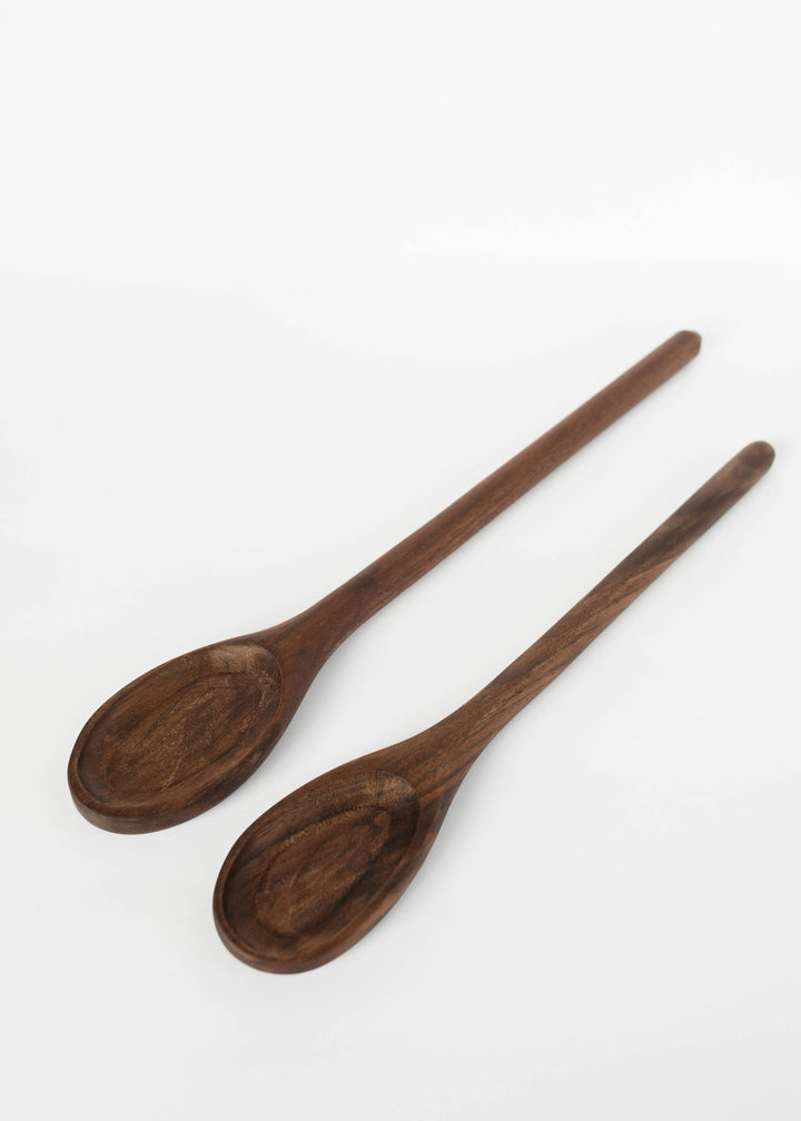 Wooden spoons set, two oval bowls with long handles in dark brown wood