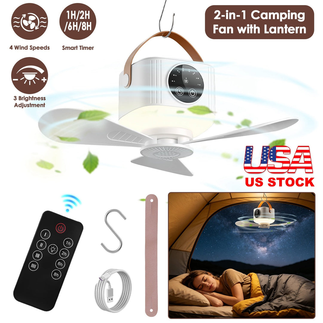 Hanging tent ceiling fan with LED lantern, white fan blades, remote control, and hanging hook