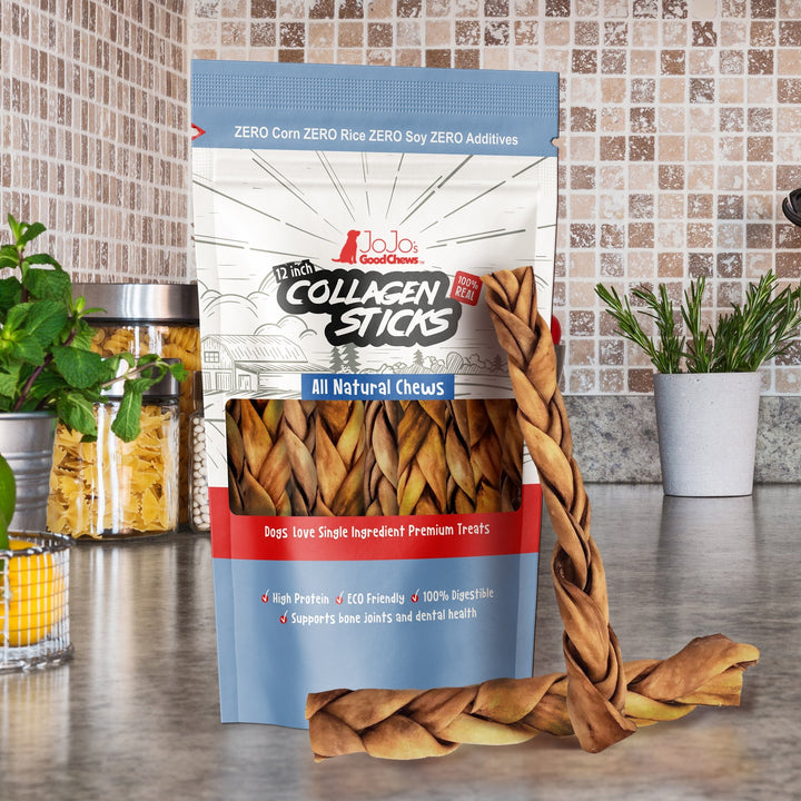 Braided beef collagen chew stick pouch with multiple 12-inch treats spilling out