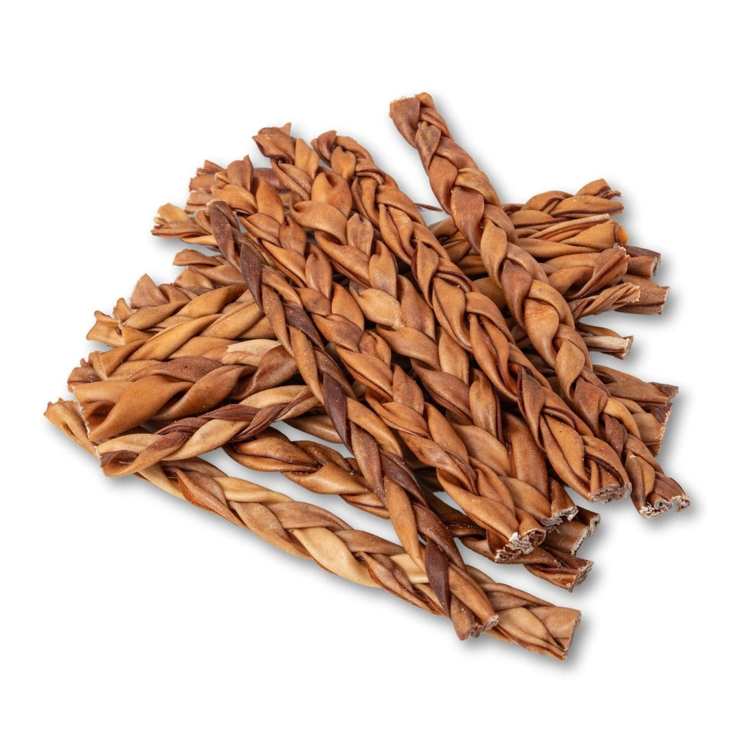 Braided beef collagen chew sticks, 12-inch, piled together