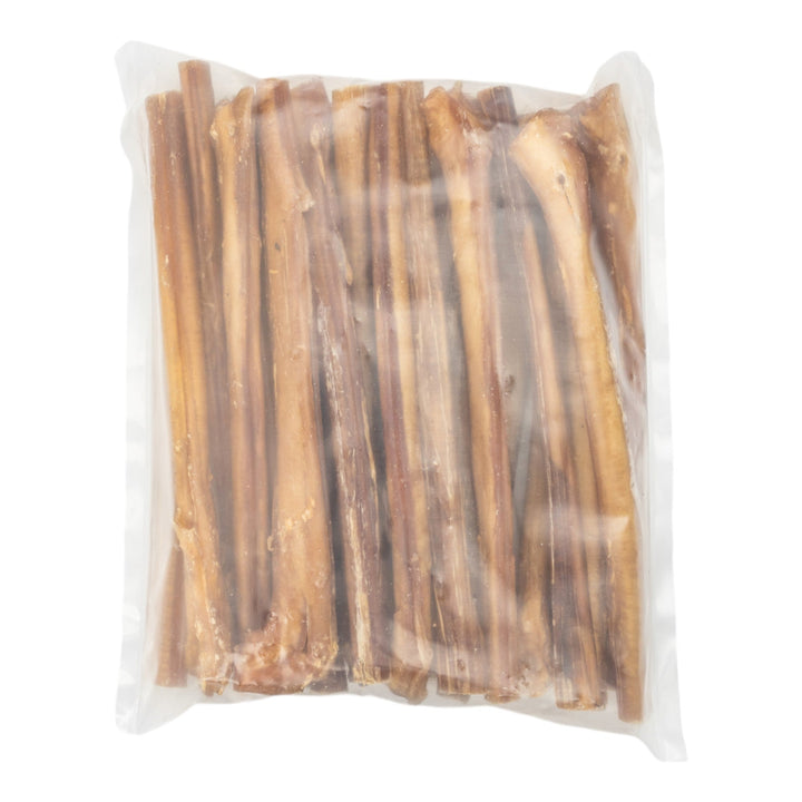 Bagged jumbo beef bully sticks, sealed pack of brown chew sticks