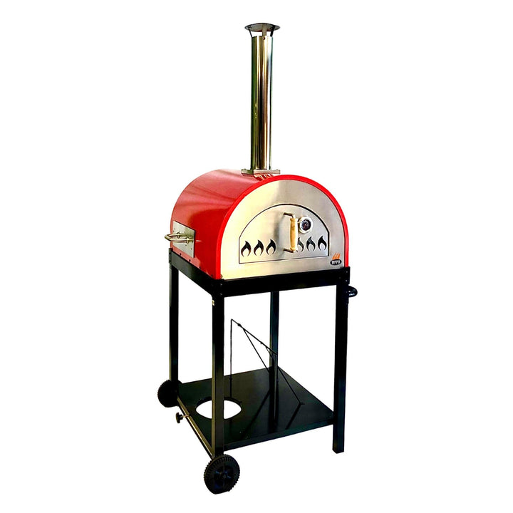 Red and silver dual-fuel pizza oven with chimney stack and two burner controls