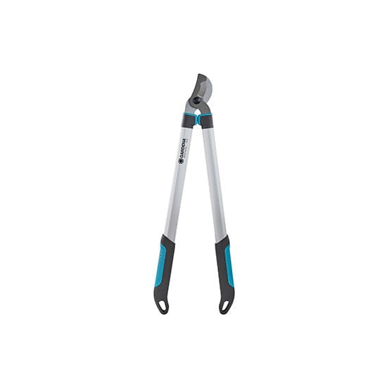 Pruning lopper with silver handles and teal grips, curved black cutting blades