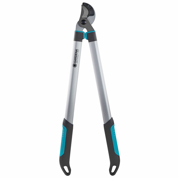 Pruning lopper with gray metal frame and blue grip pads
