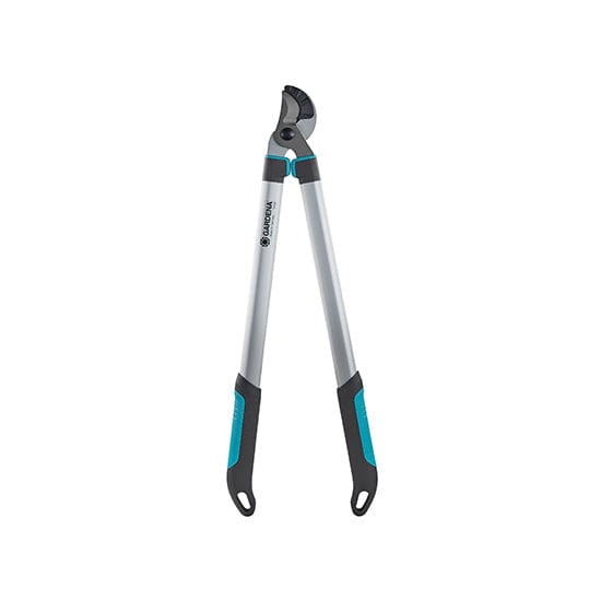 Pruning lopper with gray-and-blue handles and curved cutting jaws