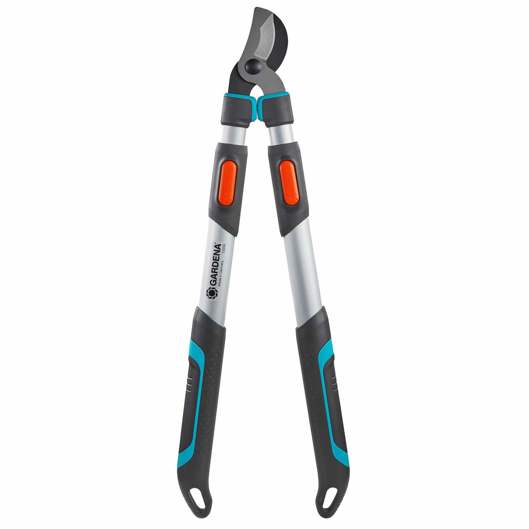Pruning lopper tool with two black blades, orange inlays, and blue grips on silver handles