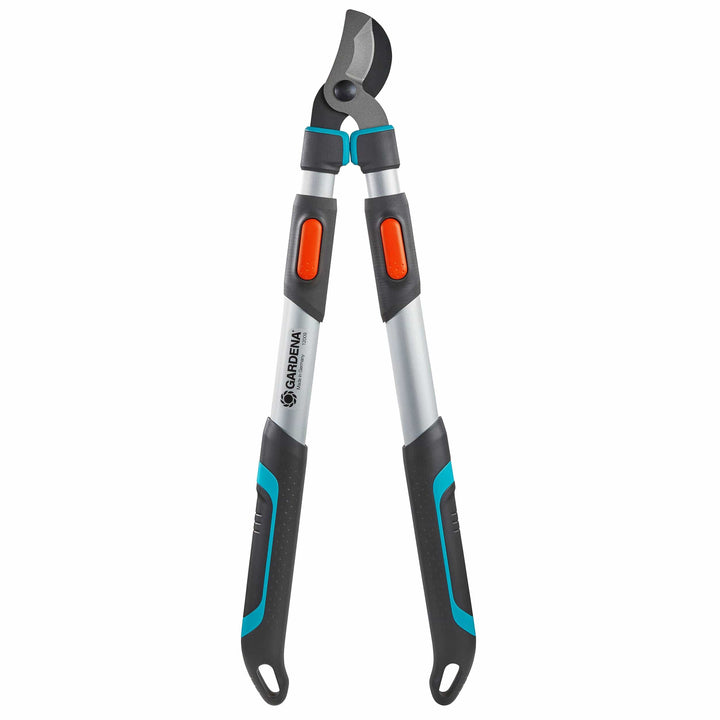 Pruning lopper tool with two black blades, orange inlays, and blue grips on silver handles