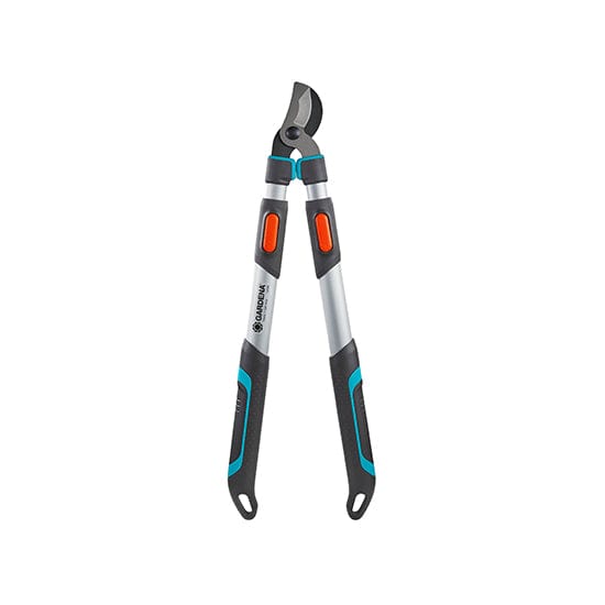 Pruning lopper with black cutting blades and blue/orange comfort grips on silver handles
