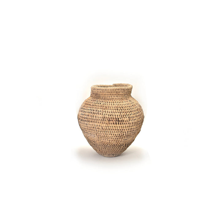 Small woven jute basket vase with wide base and short neck