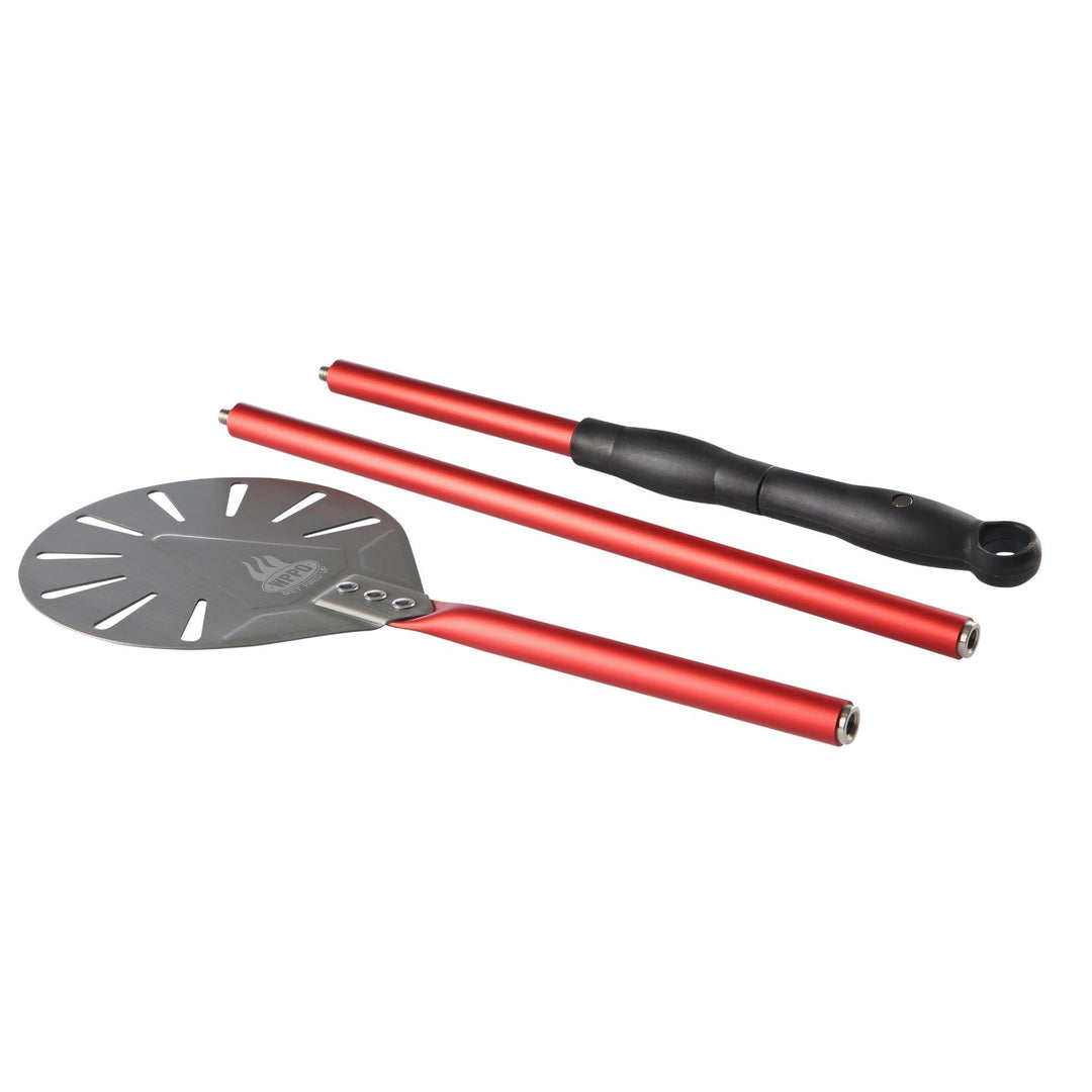 7-inch round pizza peel with red telescoping handle and black grip, includes turning disc