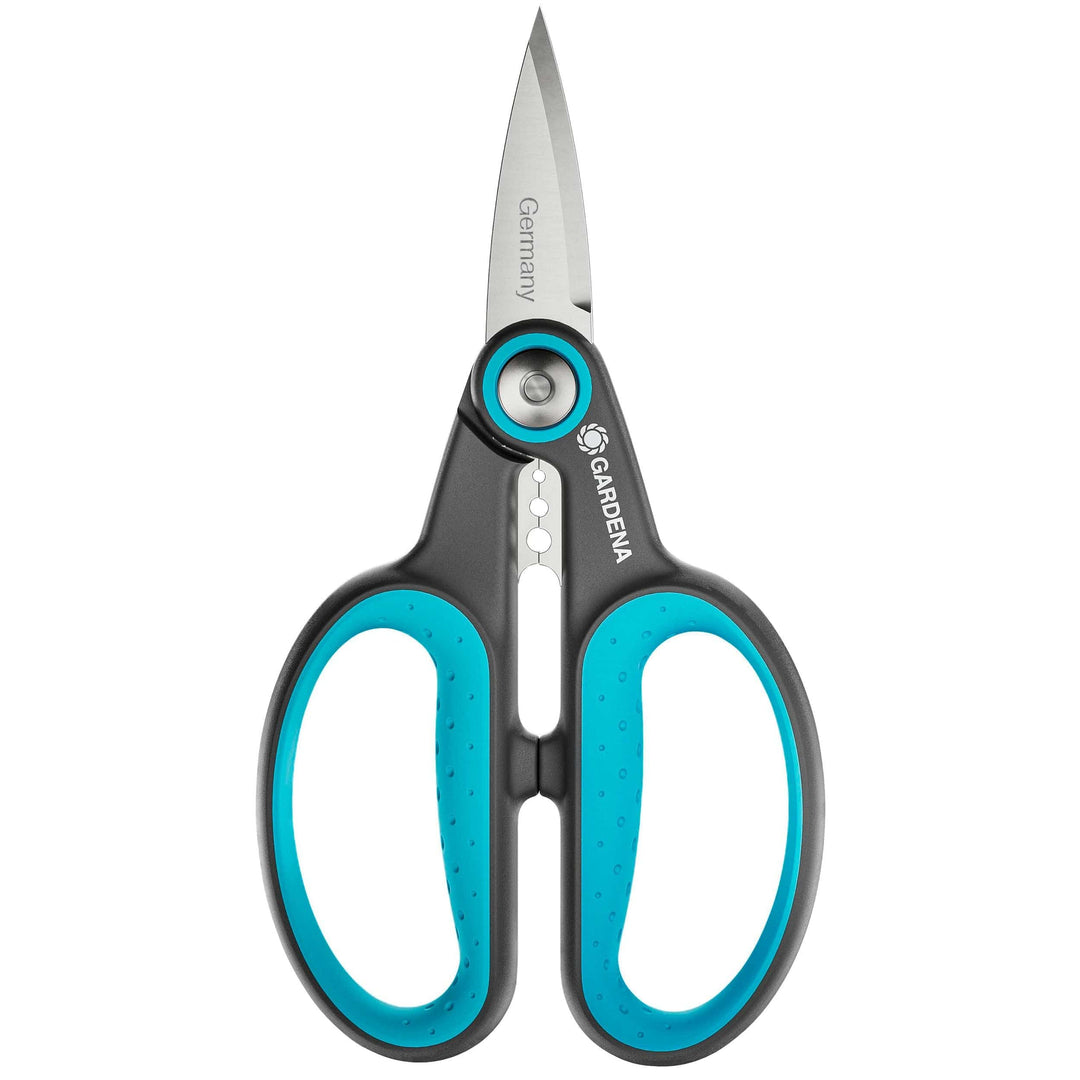 Herb scissors with stainless blade and teal finger loops in black frame
