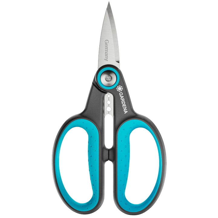Herb scissors with stainless blade and teal finger loops in black frame