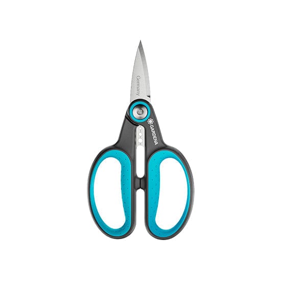 Herb pruning scissors with stainless steel blade and teal finger loops
