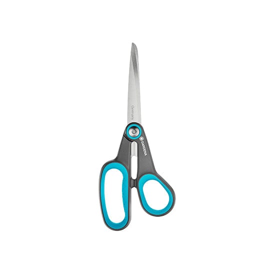 Gardena MultiCut scissors upright with blue grips and two pointed blades