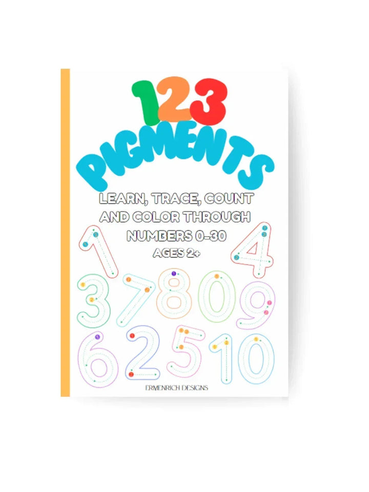 Coloring book cover with colorful numbers 1–30 and trace, count instructions