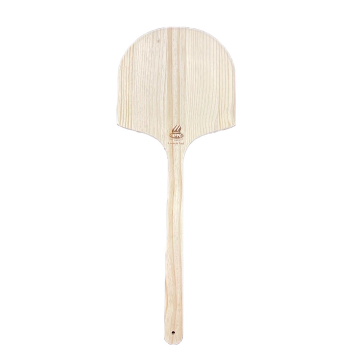 Wooden pizza peel with long handle and curved scoop, light natural wood finish