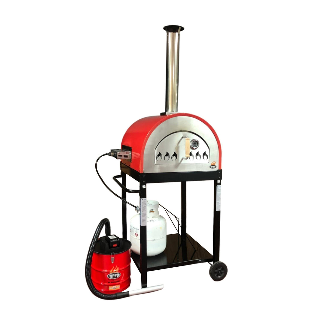 Red and silver pizza oven cart with gas attachment canister and hose