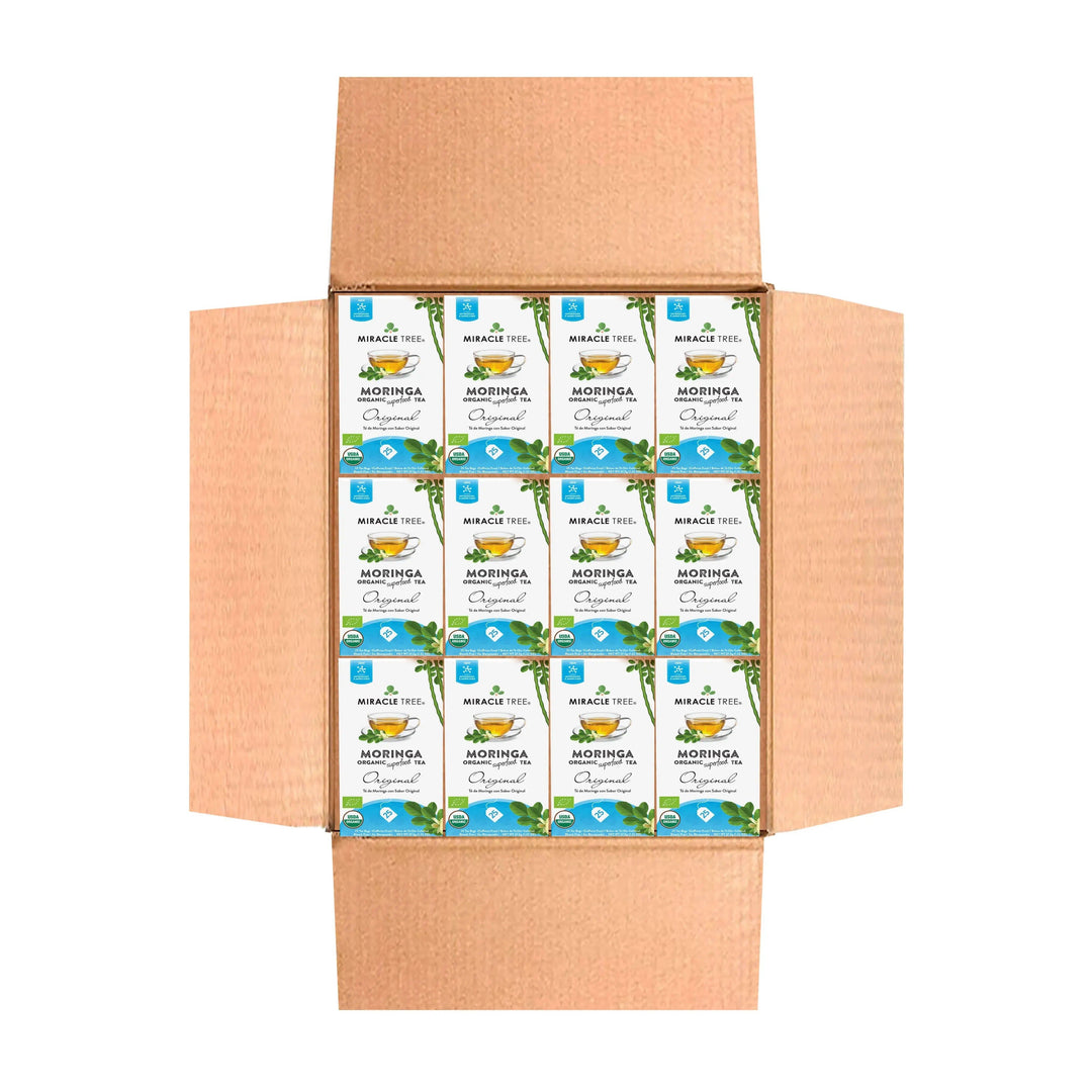 Kraft shipping carton filled with Miracle Tree Moringa Original tea boxes