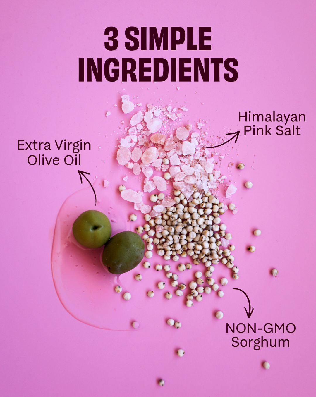 Ingredients graphic with extra virgin olive oil and Himalayan pink salt.