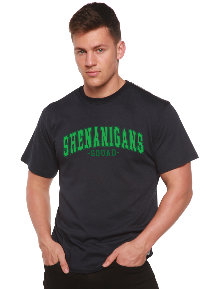 Dark unisex graphic T-shirt with green “SHENANIGANS SQUAD” chest print