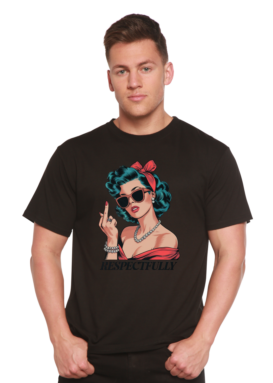 Unisex black graphic t-shirt with pinup woman hand sign and &