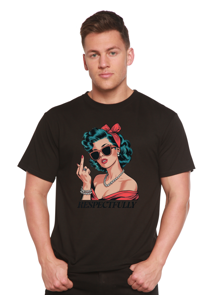 Unisex black graphic t-shirt with pinup woman hand sign and &