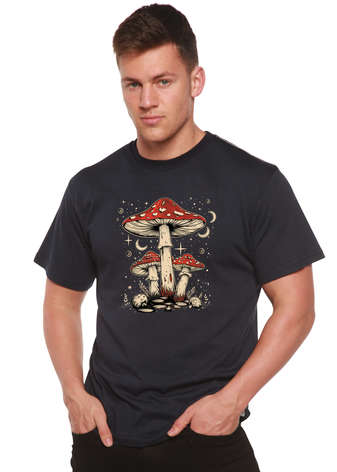 Navy unisex graphic t-shirt with red-capped mushroom illustration centered