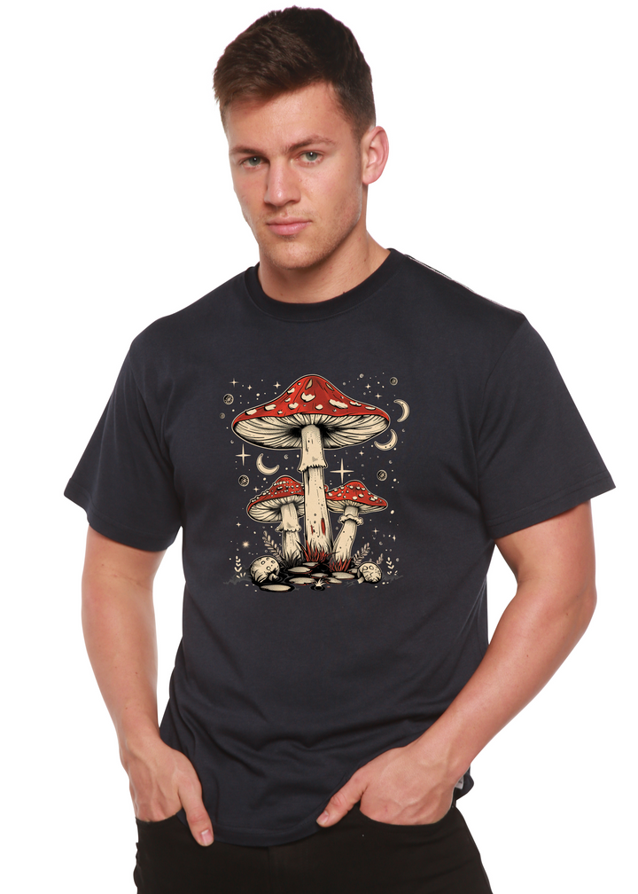 Navy unisex graphic t-shirt with red-capped mushroom illustration centered