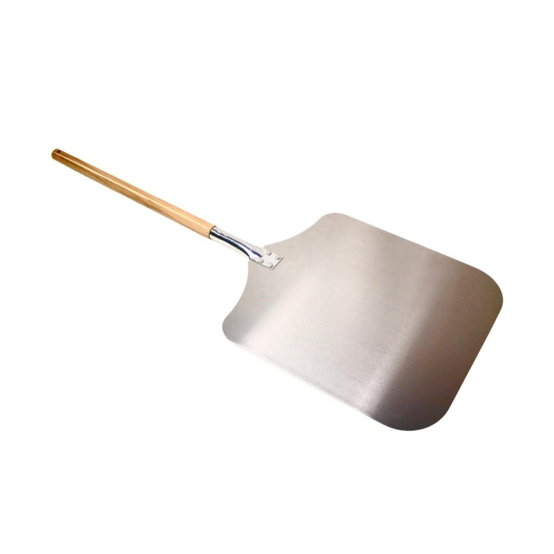 Aluminum pizza peel with long wooden handle and rounded square paddle, brushed metal finish