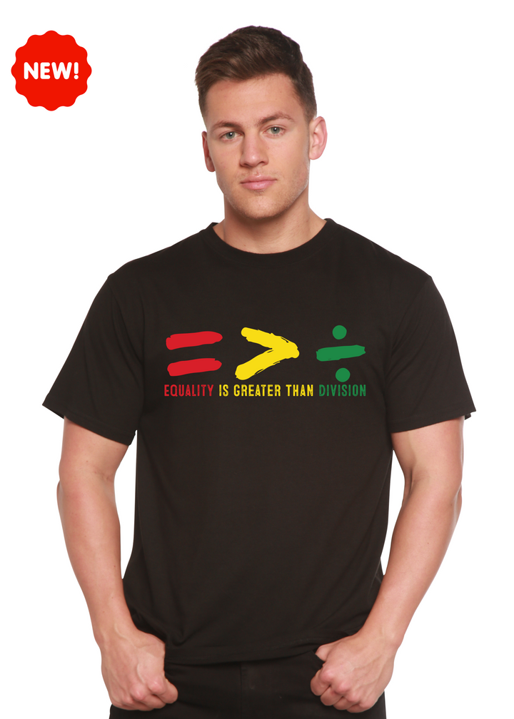 Black unisex crew-neck T-shirt with multicolor equality graphic across chest.