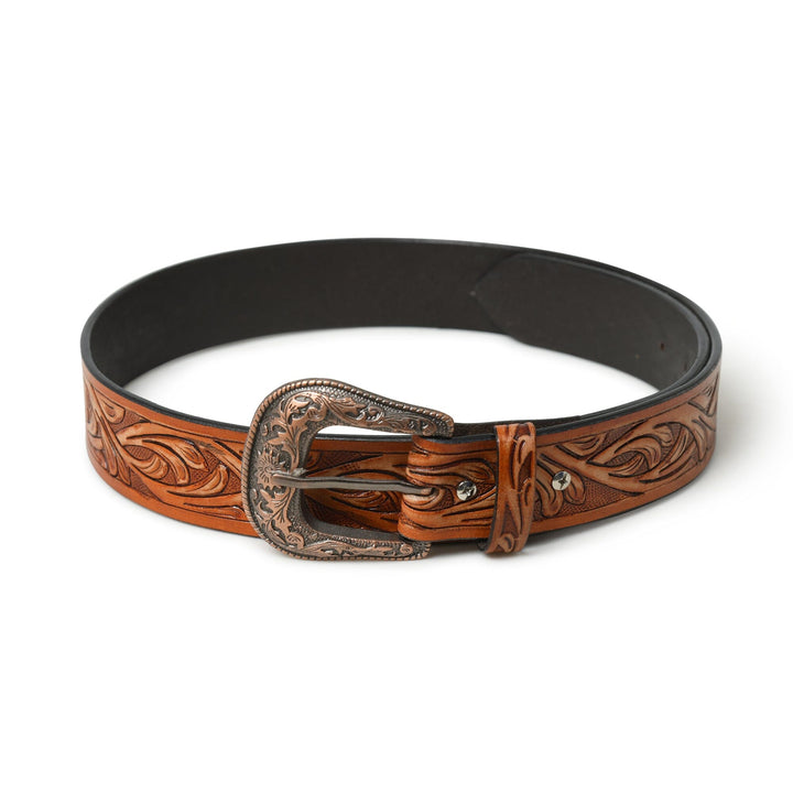 Tan-brown leather cowboy belt with ornate silver buckle and engraved floral trim