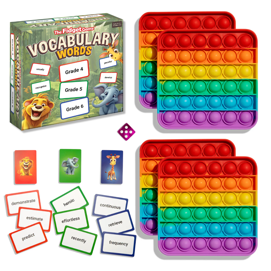 Vocabulary word fidget game set with colorful push-pop tray, cards, and grade box