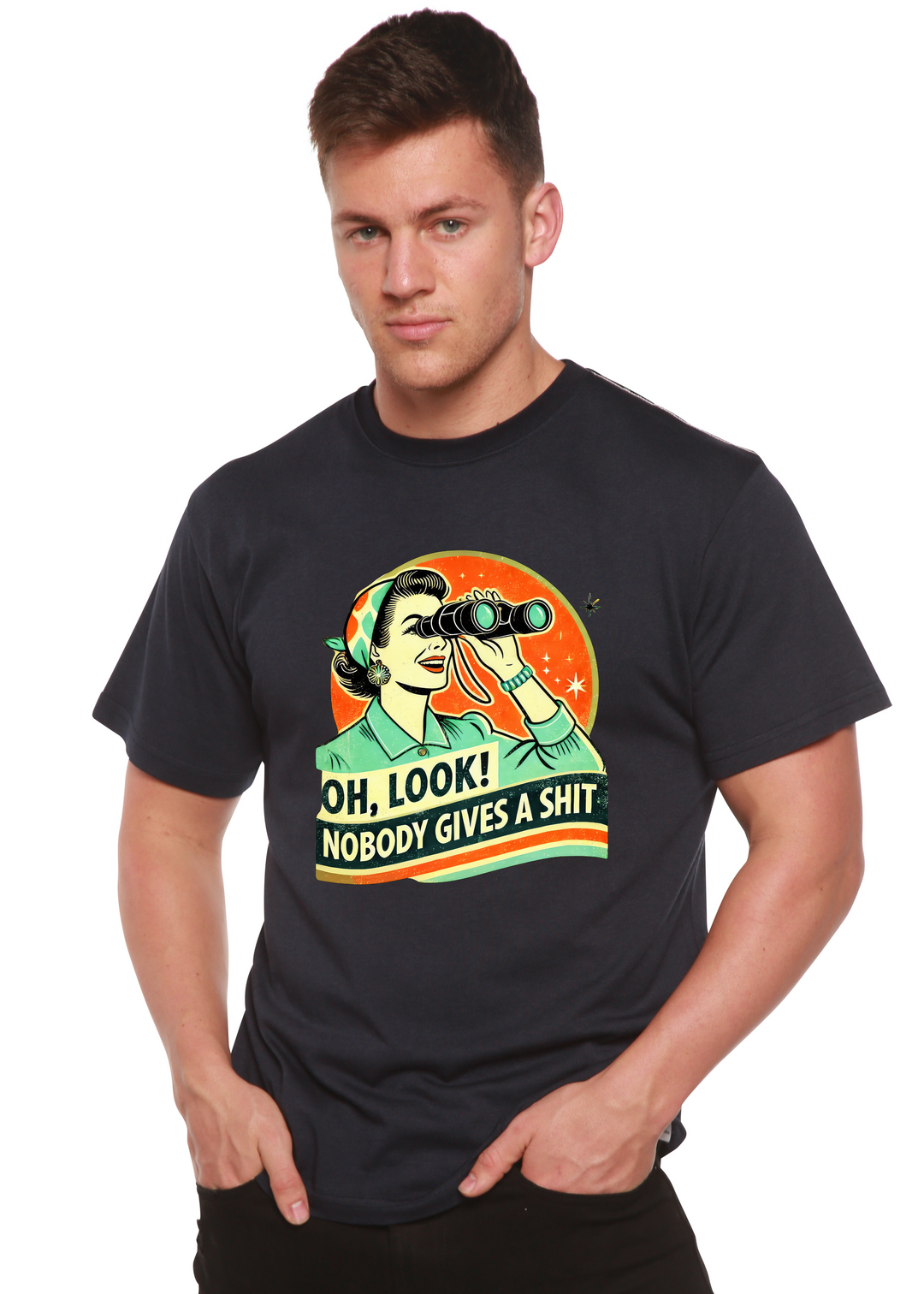 Unisex dark graphic T-shirt with retro woman telescope and “OH, LOOK!” slogan
