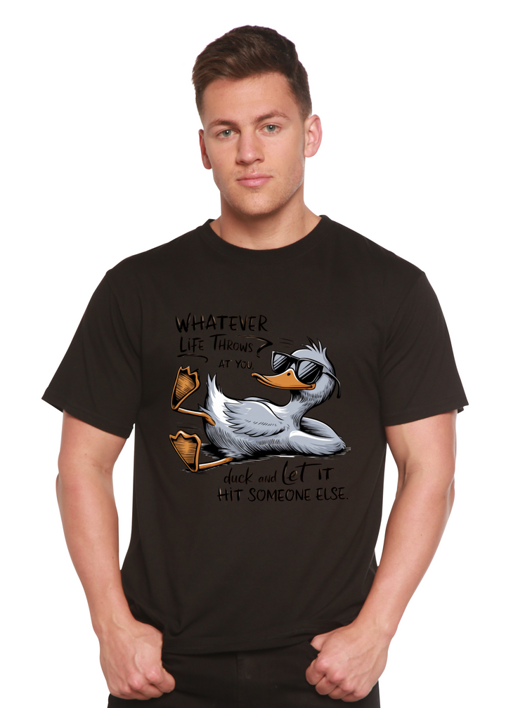 Unisex black graphic T-shirt with duck wearing sunglasses and slogan print