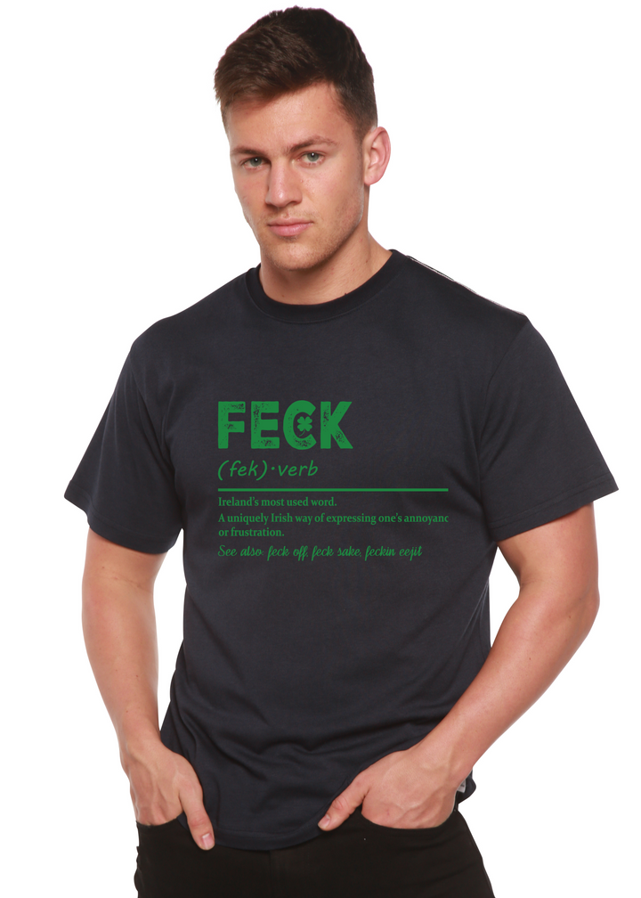 Dark navy graphic T-shirt with green "FECK" logo and definition text across the chest