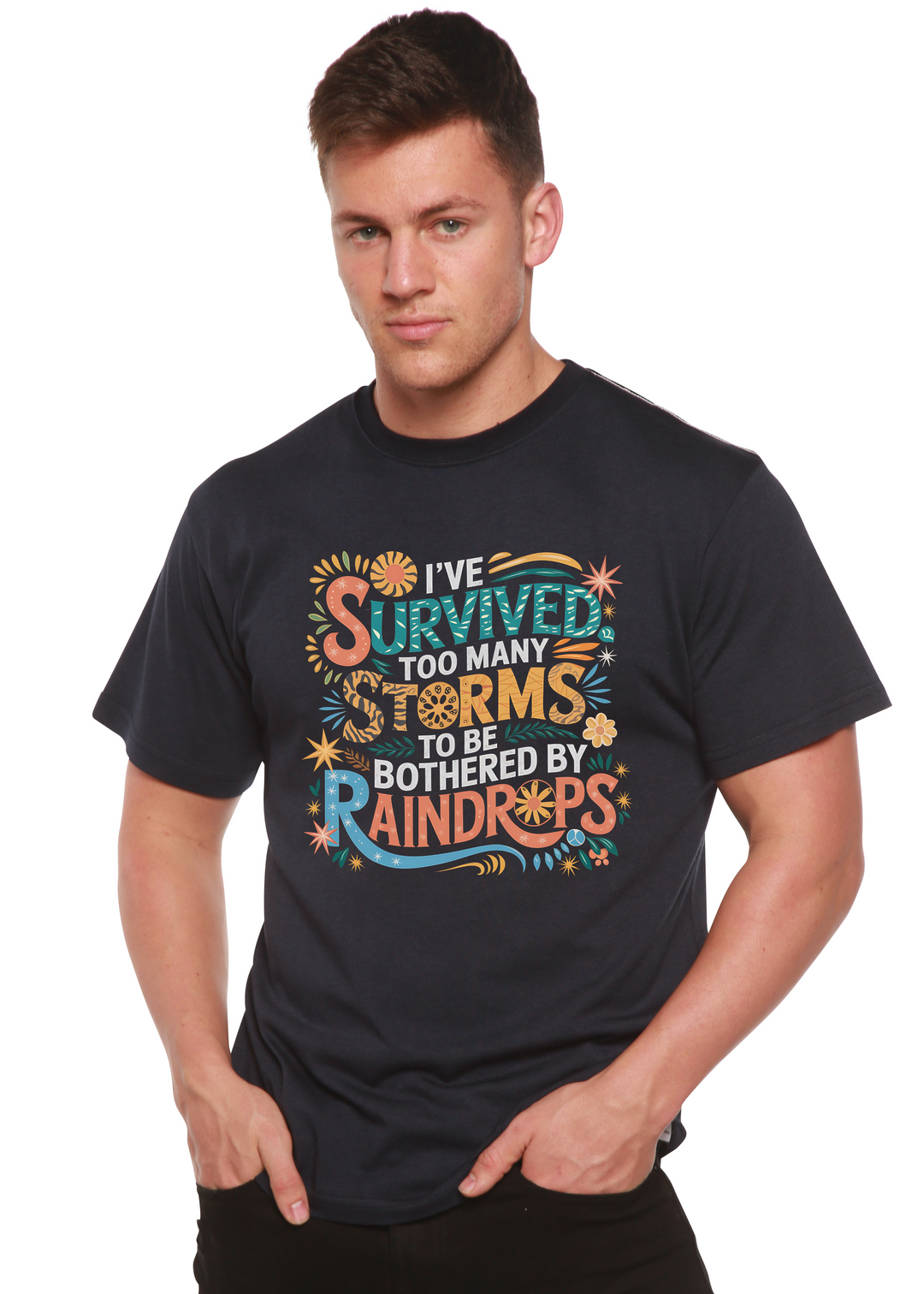 Unisex dark graphic t-shirt with colorful “Survived” storm-themed text