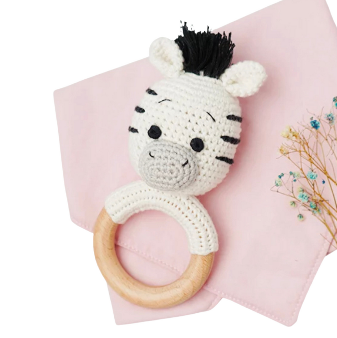 Organic cotton rattle ring teether, zebra design with black tuft, wooden ring