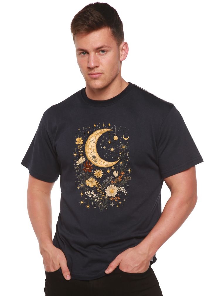 Unisex graphic T-shirt in black with gold crescent moon and floral artwork.