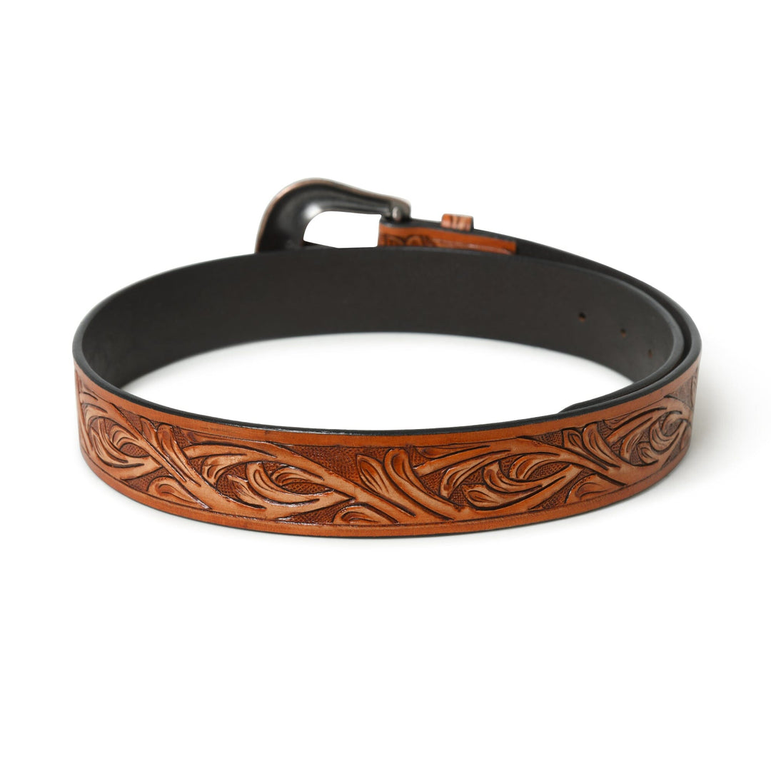 Brown leather cowboy belt with embossed floral pattern and black buckle