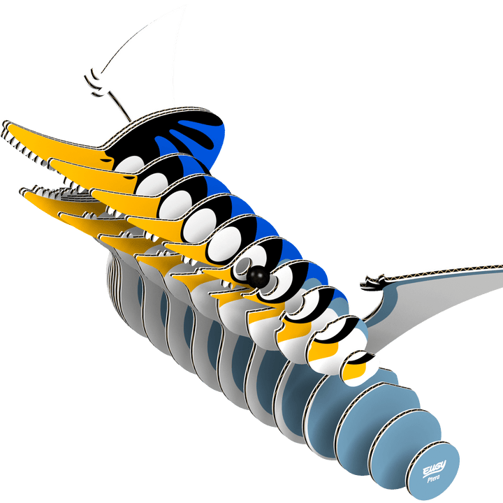 Ptero 3D puzzle model side view, striped body, blue crest and orange beak