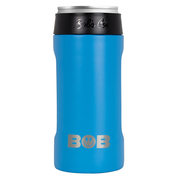 Blue slim can cooler with black lid band and BOB logo