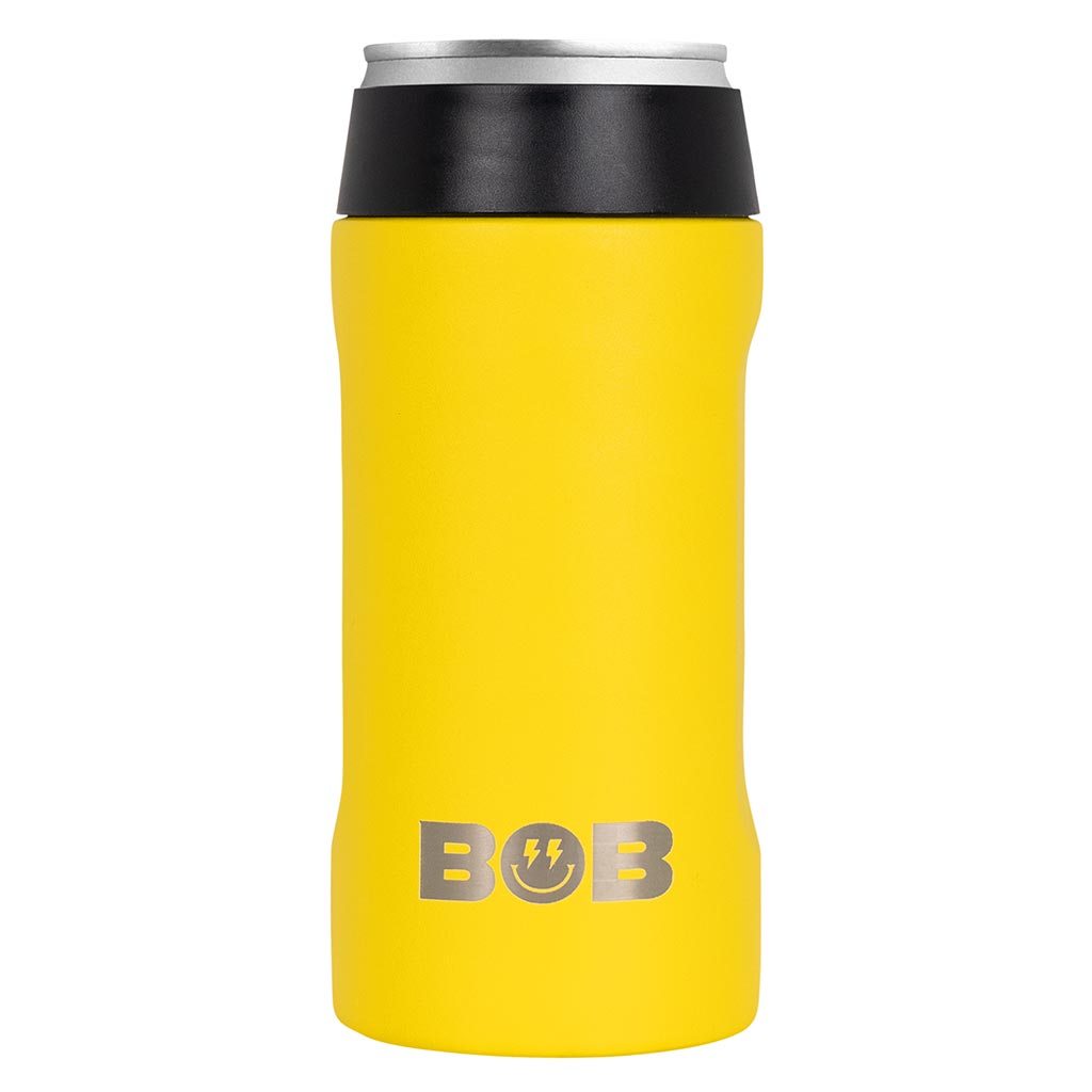 Yellow slim can cooler with black lid band and BOB logo
