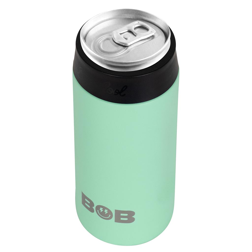 Mint green slim can cooler with black collar and open can top